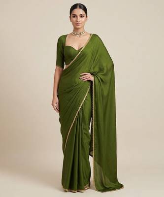 Olive green laced mul cotton saree set 1