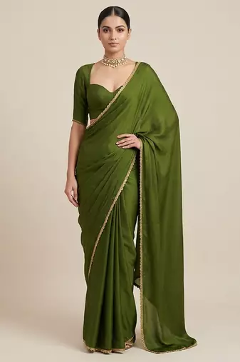 Olive green laced mul cotton saree set
