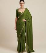 Olive green laced mul cotton saree set