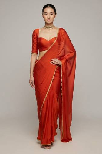 Rust orange laced mul cotton saree set