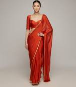 Rust orange laced mul cotton saree set