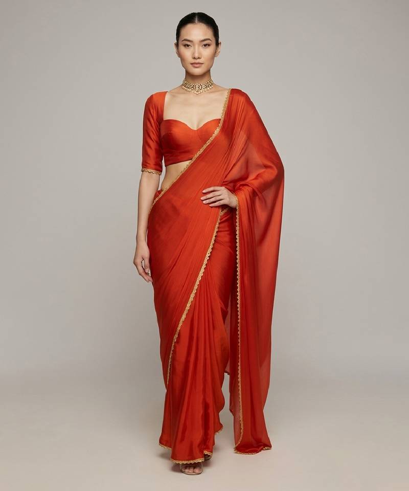 Rust orange laced mul cotton saree set