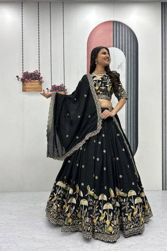 Black Color Embroidery Thread & Sequence Work Vichitra Silk Lahenga Choli Set