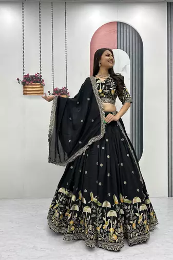 Black Color Embroidery Thread & Sequence Work Vichitra Silk Lahenga Choli Set