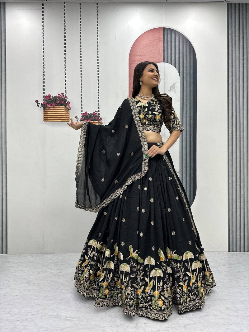 Black Color Embroidery Thread & Sequence Work Vichitra Silk Lahenga Choli Set