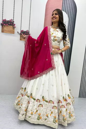 White Color Embroidery Thread & Sequence Work Vichitra Silk Lahenga Choli Set