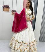 White Color Embroidery Thread & Sequence Work Vichitra Silk Lahenga Choli Set