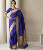 Blue with gold bblder contrast traditional peacock & triangle motifs work silk blend fabric rich ethnic festive wear