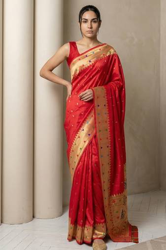 Red with gold breder contrast traditional peacock & triangle motifs work silk blend fabric rich ethnic festive wear