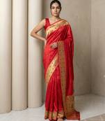 Red with gold breder contrast traditional peacock & triangle motifs work silk blend fabric rich ethnic festive wear