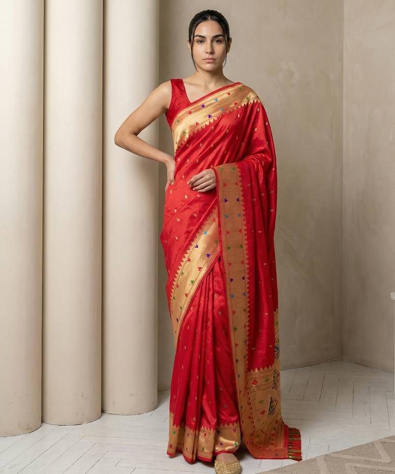 Red with gold breder contrast traditional peacock & triangle motifs work silk blend fabric rich ethnic festive wear