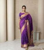 Purple with gold bpuder contrast traditional peacock & triangle motifs work silk blend fabric rich ethnic festive wear