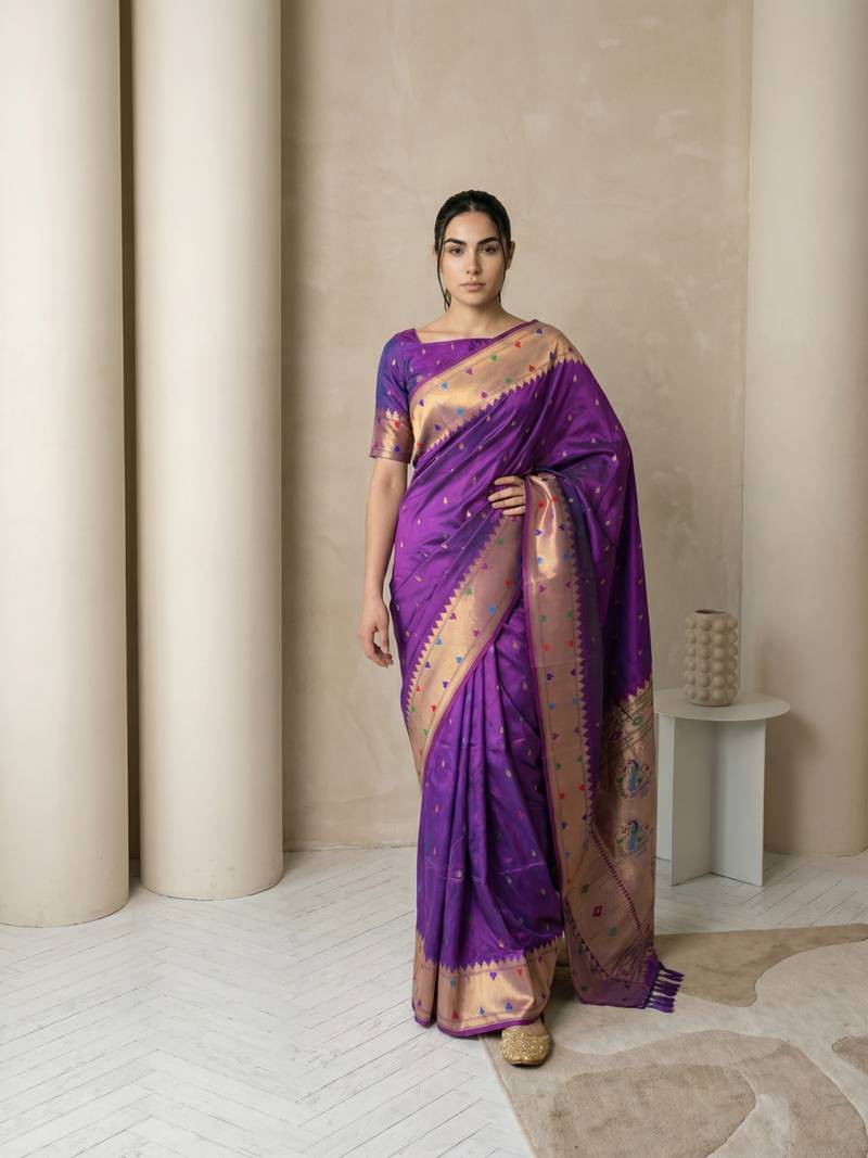 Purple with gold bpuder contrast traditional peacock & triangle motifs work silk blend fabric rich ethnic festive wear