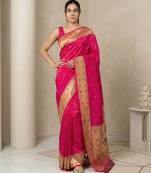 Pink with gold bpider contrast traditional peacock & triangle motifs work silk blend fabric rich ethnic festive wear