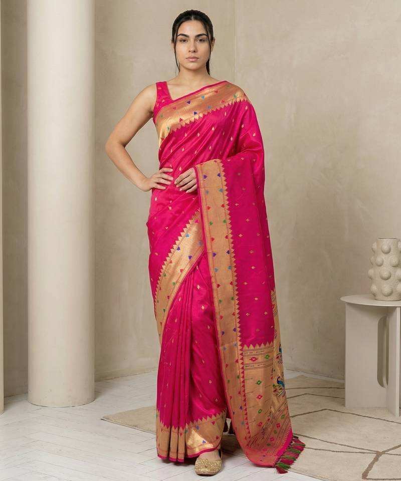 Pink with gold bpider contrast traditional peacock & triangle motifs work silk blend fabric rich ethnic festive wear