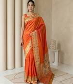 Orange with gold border contrast traditional peacock & triangle motifs work silk blend fabric rich ethnic festive wear