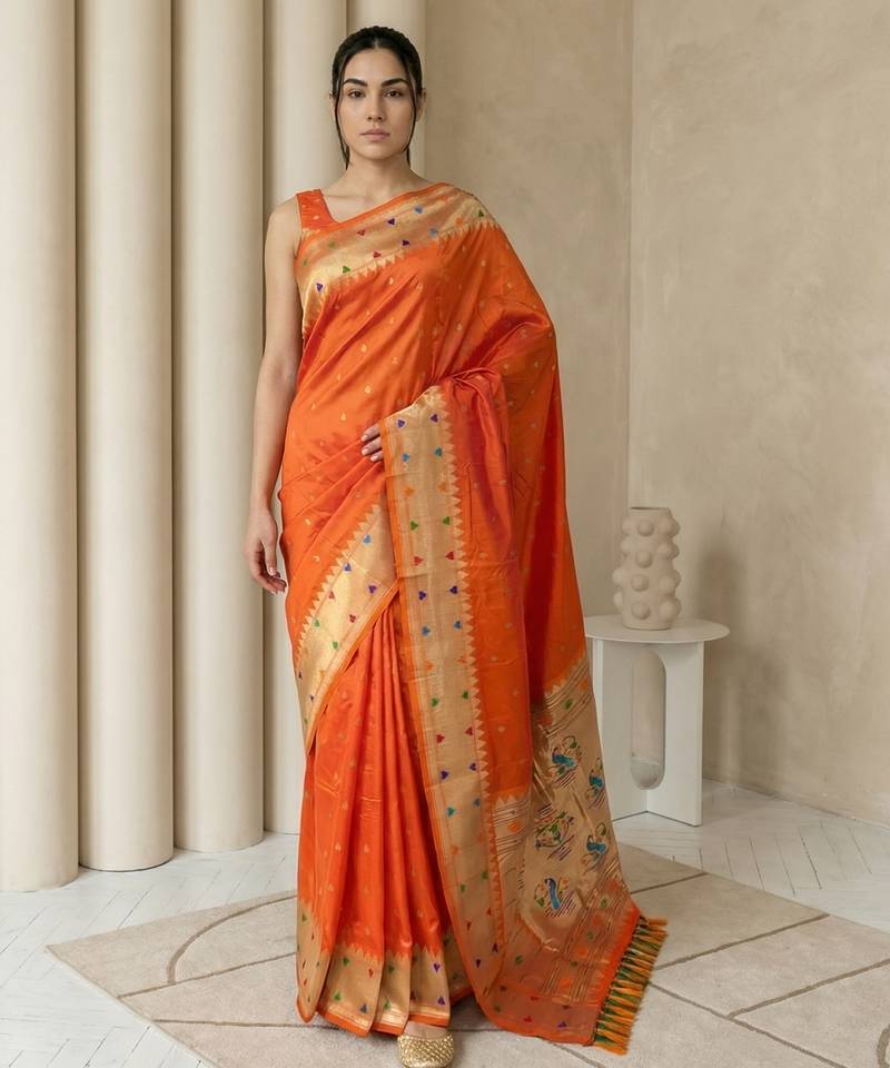 Orange with gold border contrast traditional peacock & triangle motifs work silk blend fabric rich ethnic festive wear