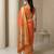 Orange with gold border contrast traditional peacock & triangle motifs work silk blend fabric rich ethnic festive wear