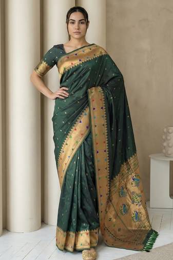 Dark green with gold border contrast traditional peacock & triangle motifs work silk blend fabric