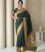 Dark green with gold border contrast traditional peacock & triangle motifs work silk blend fabric