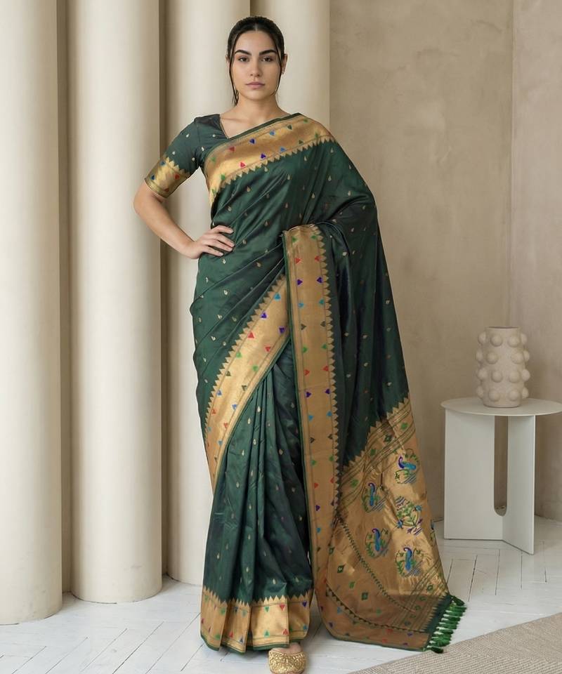 Dark green with gold border contrast traditional peacock & triangle motifs work silk blend fabric