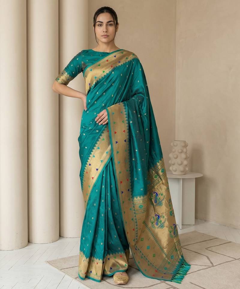 Teal with gold bteder contrast traditional peacock & triangle motifs work silk blend fabric rich ethnic festive wear
