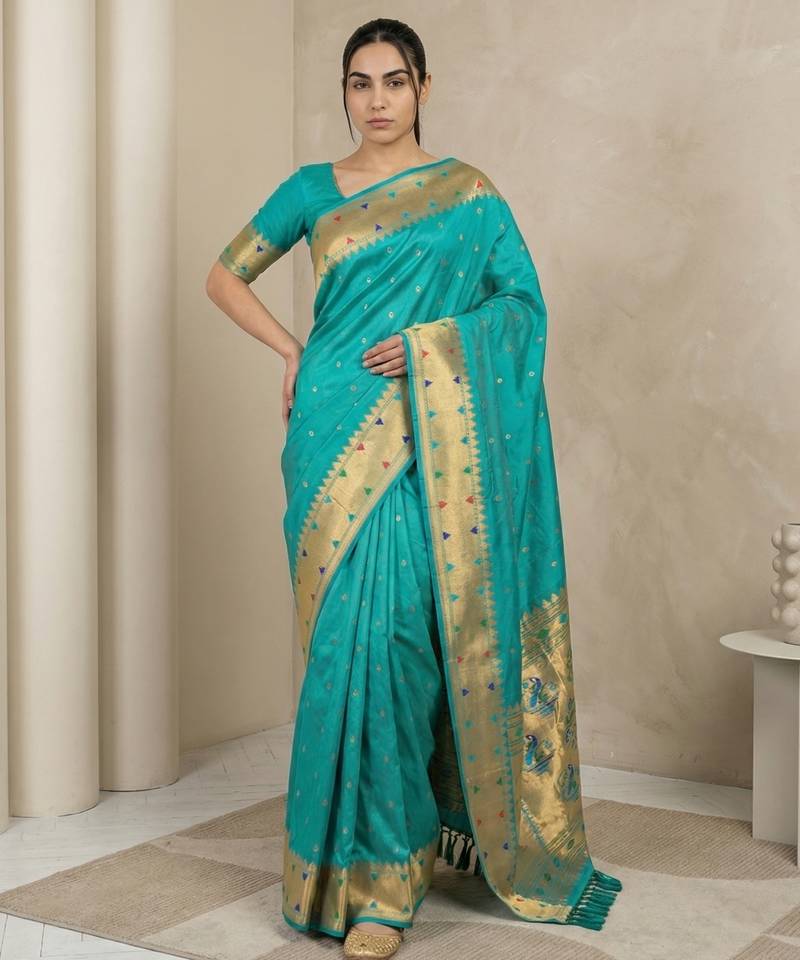 Sky blue with gold border contrast traditional peacock & triangle motifs work silk blend fabric rich ethnic festive wear