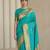 Sky blue with gold border contrast traditional peacock & triangle motifs work silk blend fabric rich ethnic festive wear