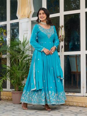 Blue Color Thread With Sequence Work American Silk Top Bottom Dupatta Set 1