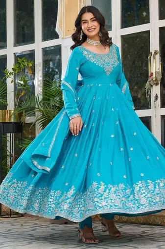 Blue Color Thread With Sequence Work American Silk Top Bottom Dupatta Set