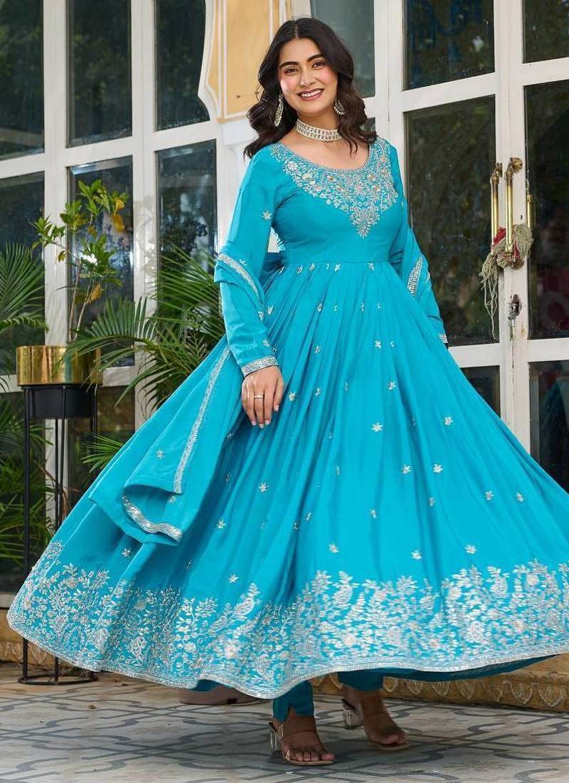 Blue Color Thread With Sequence Work American Silk Top Bottom Dupatta Set