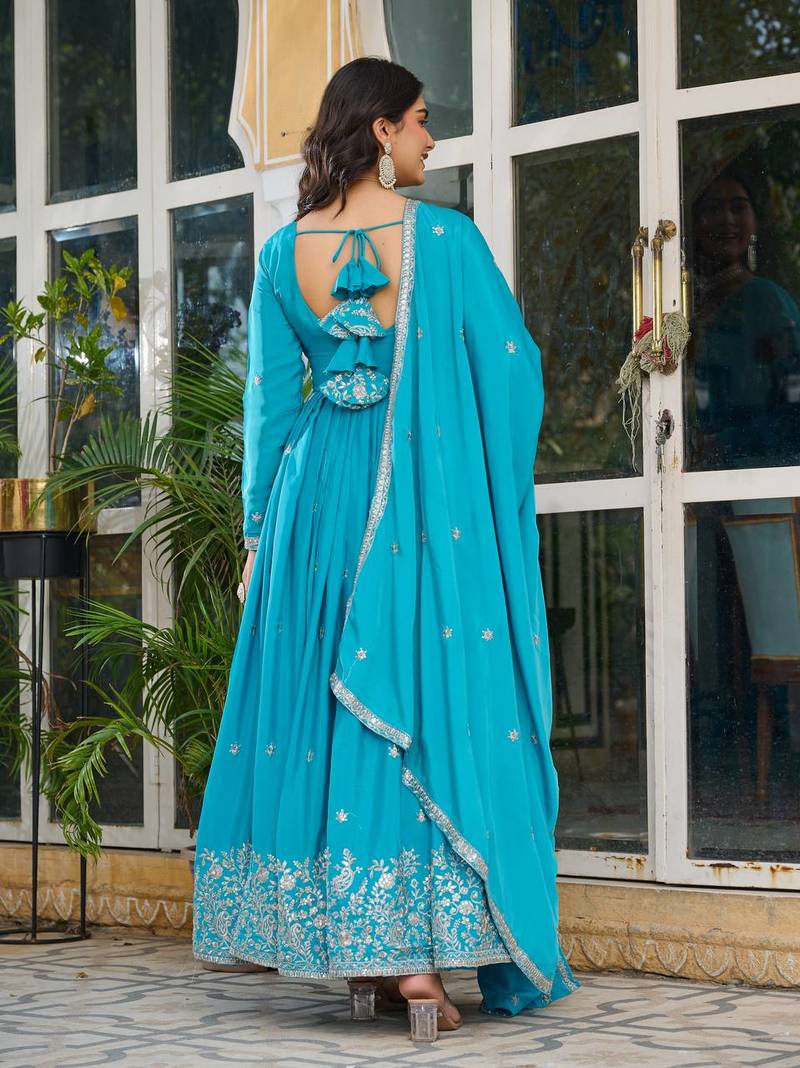 Blue Color Thread With Sequence Work American Silk Top Bottom Dupatta Set