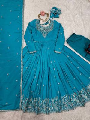 Blue Color Thread With Sequence Work American Silk Top Bottom Dupatta Set 5