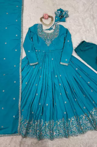 Blue Color Thread With Sequence Work American Silk Top Bottom Dupatta Set