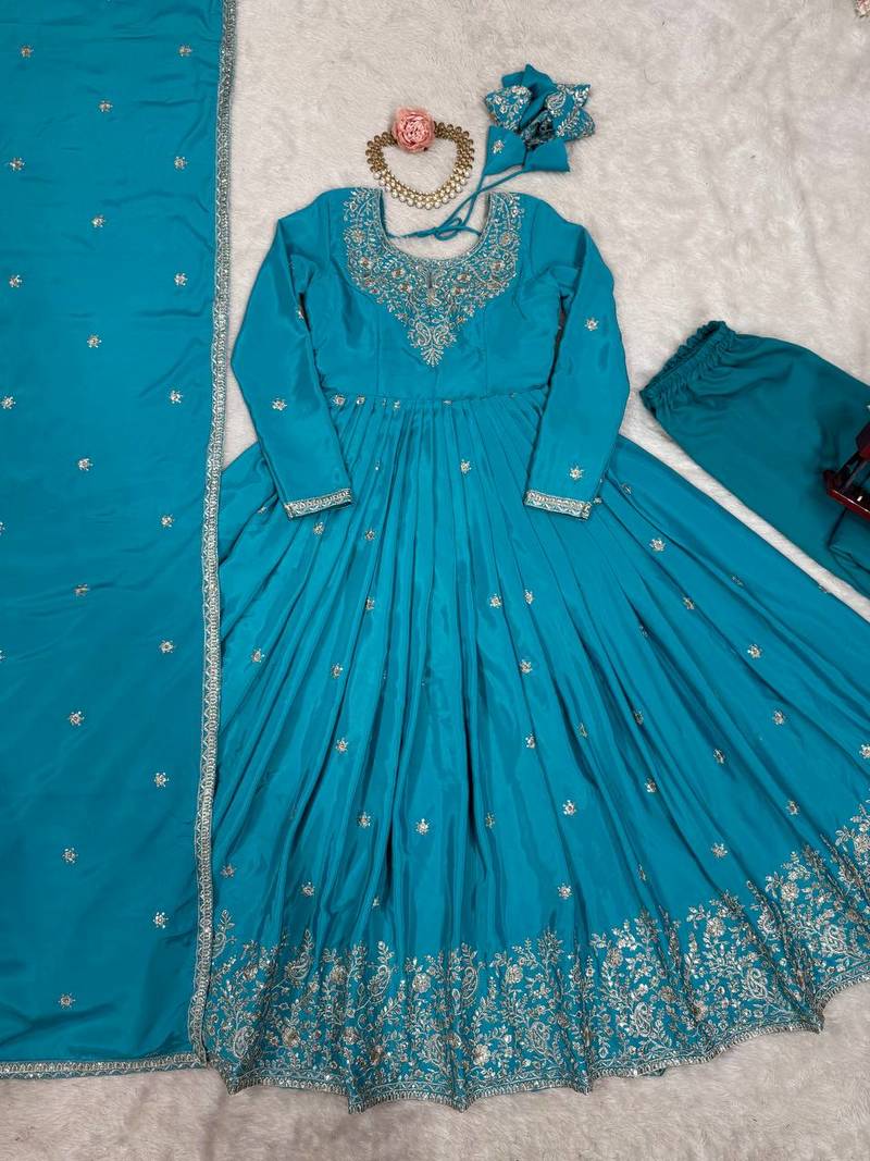 Blue Color Thread With Sequence Work American Silk Top Bottom Dupatta Set