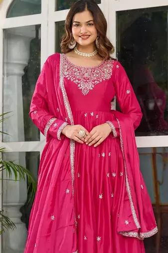 Rani Pink Color Thread With Sequence Work American Silk Top Bottom Dupatta Set