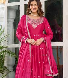 Rani Pink Color Thread With Sequence Work American Silk Top Bottom Dupatta Set