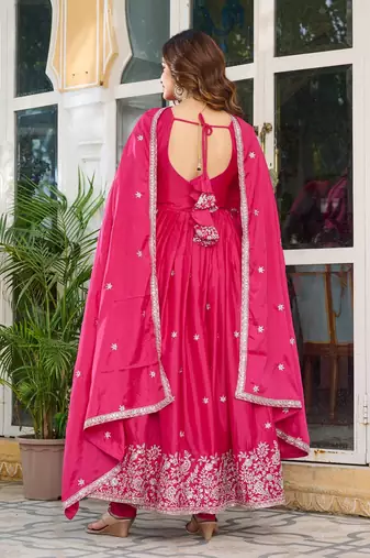 Rani Pink Color Thread With Sequence Work American Silk Top Bottom Dupatta Set