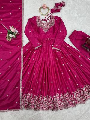 Rani Pink Color Thread With Sequence Work American Silk Top Bottom Dupatta Set 5
