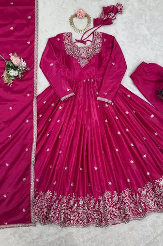 Rani Pink Color Thread With Sequence Work American Silk Top Bottom Dupatta Set