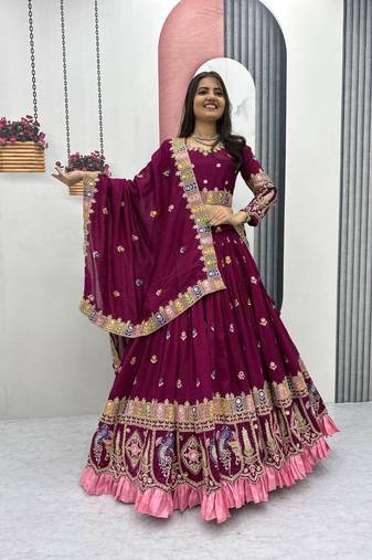 Plum Color Embroidery Sequence And Thread Work Vichitra Lahenga Choli Set
