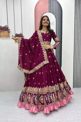 Plum Color Embroidery Sequence And Thread Work Vichitra Lahenga Choli Set