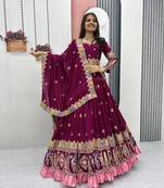 Plum Color Embroidery Sequence And Thread Work Vichitra Lahenga Choli Set