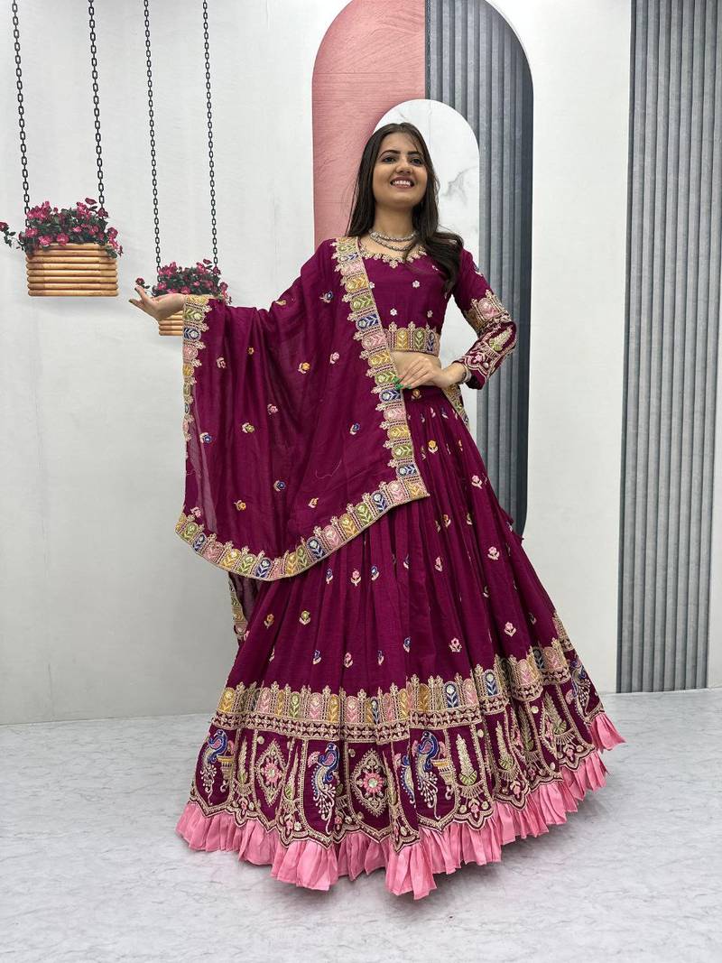 Plum Color Embroidery Sequence And Thread Work Vichitra Lahenga Choli Set