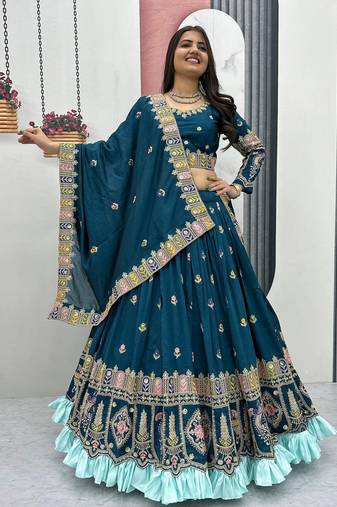 Teal Color Embroidery Sequence And Thread Work Vichitra Lahenga Choli Set