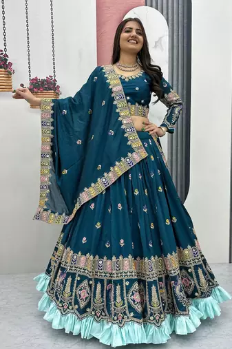 Teal Color Embroidery Sequence And Thread Work Vichitra Lahenga Choli Set