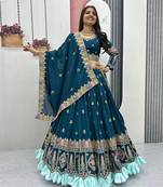 Teal Color Embroidery Sequence And Thread Work Vichitra Lahenga Choli Set