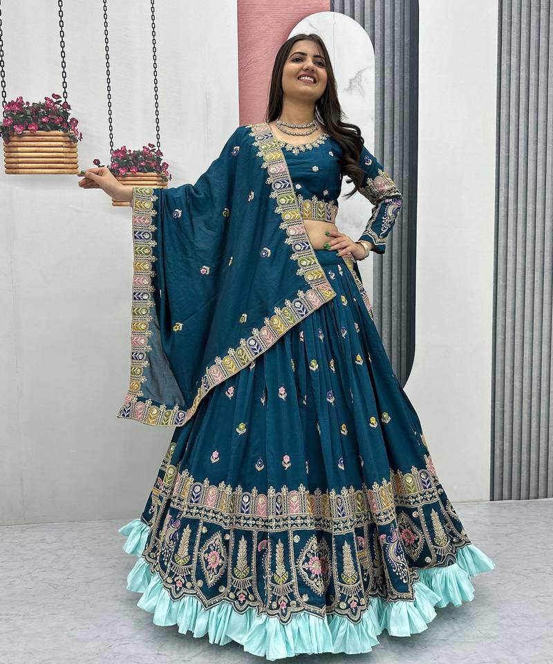 Teal Color Embroidery Sequence And Thread Work Vichitra Lahenga Choli Set