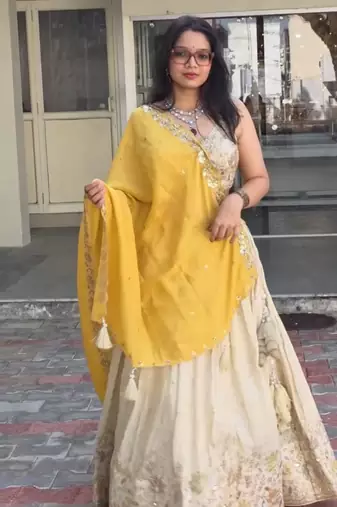 White Color Embroidery Thread and Sequence Work Chinon Silk Lahenga Choli Set