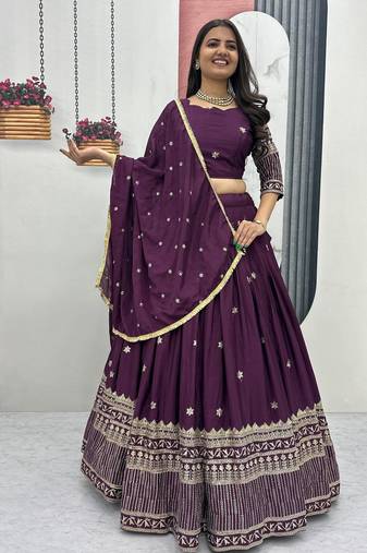 Wine Color Embroidery Thread and Sequence Work Chinon Silk Lahenga Choli Set